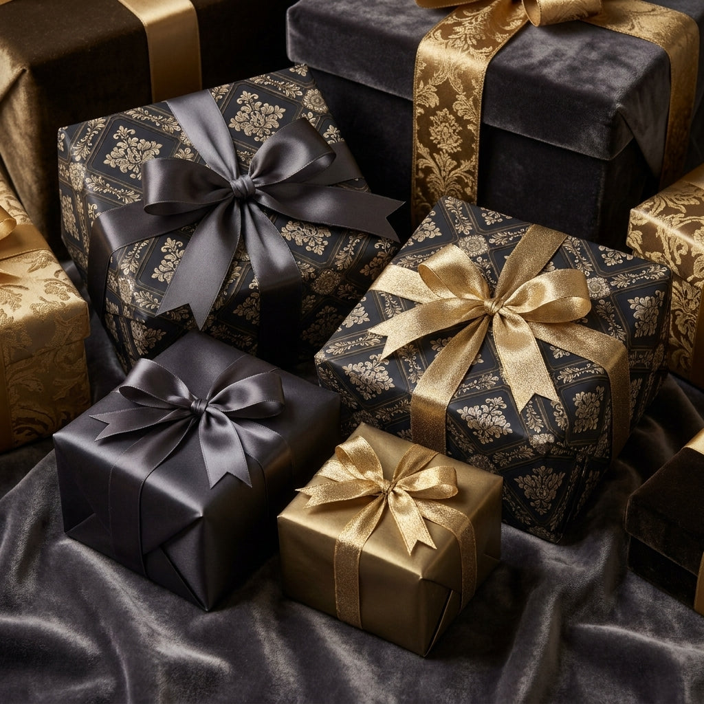 Luxury black and gold damask wrapping paper with elegant satin bows by Wrapped Studios.