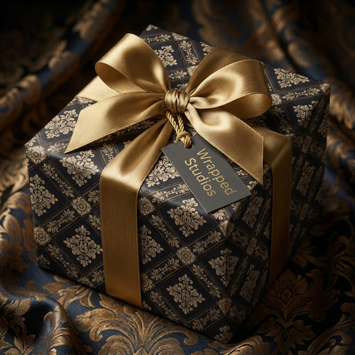 Luxury gift wrap in navy and gold damask with a satin ribbon bow, by Wrapped Studios.