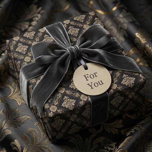 Luxury black and gold damask wrapping paper with a grey velvet bow and tag by Wrapped Studios.