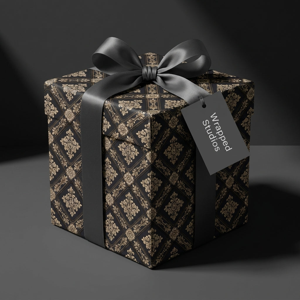 Luxury black and gold damask wrapping paper with a grey satin bow, by Wrapped Studios.