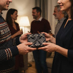 Exchanging a Christmas gift in luxury navy blue vintage wrapping paper with grey ribbon by Wrapped Studios.