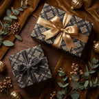 Luxury black and gold damask wrapping paper with elegant satin and velvet bows by Wrapped Studios.