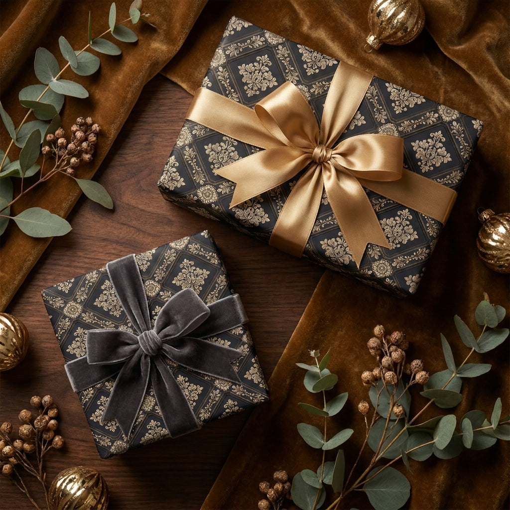 Luxury black and gold damask wrapping paper with elegant satin and velvet bows by Wrapped Studios.