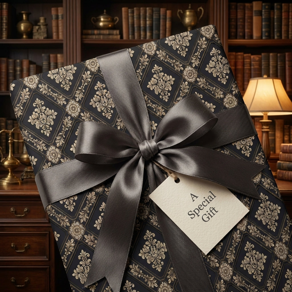 Luxury vintage wrapping paper in black and gold damask with a grey ribbon by Wrapped Studios.