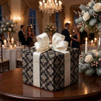 Luxury black and gold damask wrapping paper with an elegant ivory bow by Wrapped Studios.