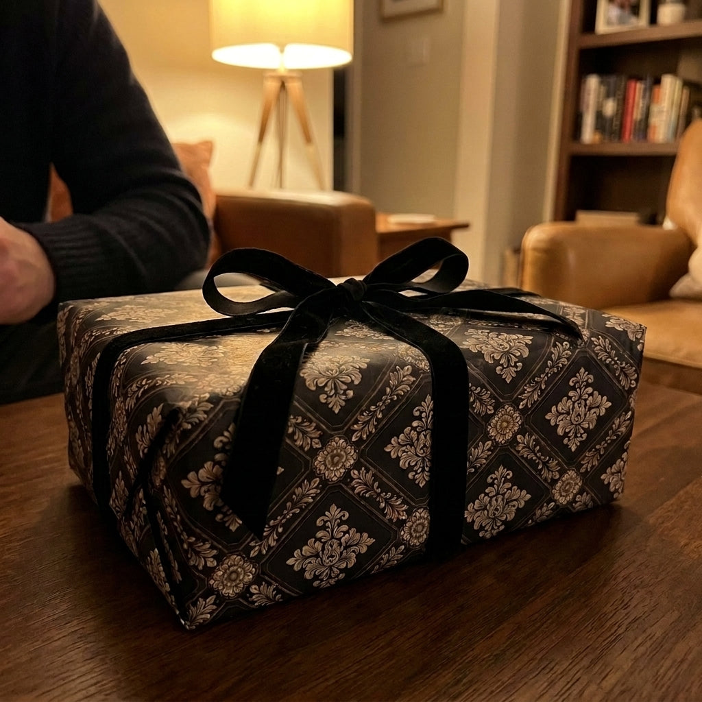 Luxury vintage damask wrapping paper with a black velvet bow on a gift box, by Wrapped Studios.