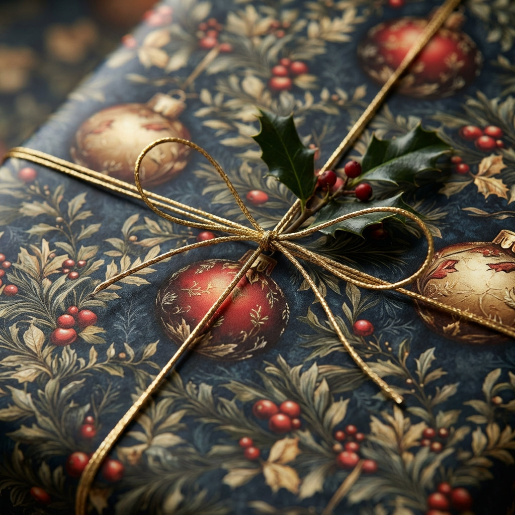 Elegant Christmas gift wrap with ornament and berry pattern, tied with gold ribbon.