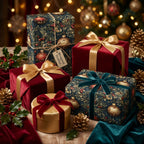 Wrapped Studios Christmas gift wrap. Elegant boxes in velvet and floral holiday patterns.