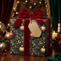 Elegant Christmas gift wrapped in festive ornament and berry print paper with velvet ribbon.