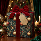 Elegant Christmas gift wrapped in festive ornament and berry print paper with velvet ribbon.