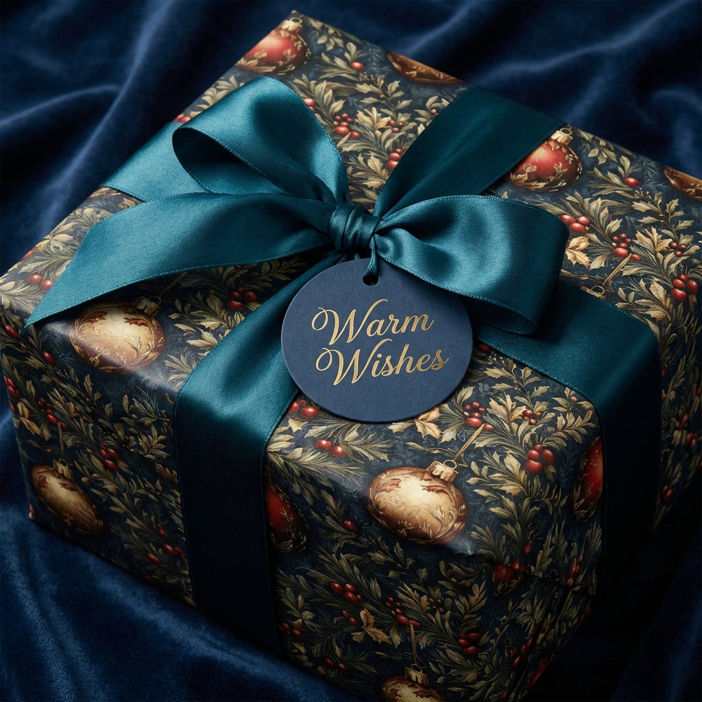 Luxury Christmas gift wrapped in dark floral paper with teal satin ribbon.