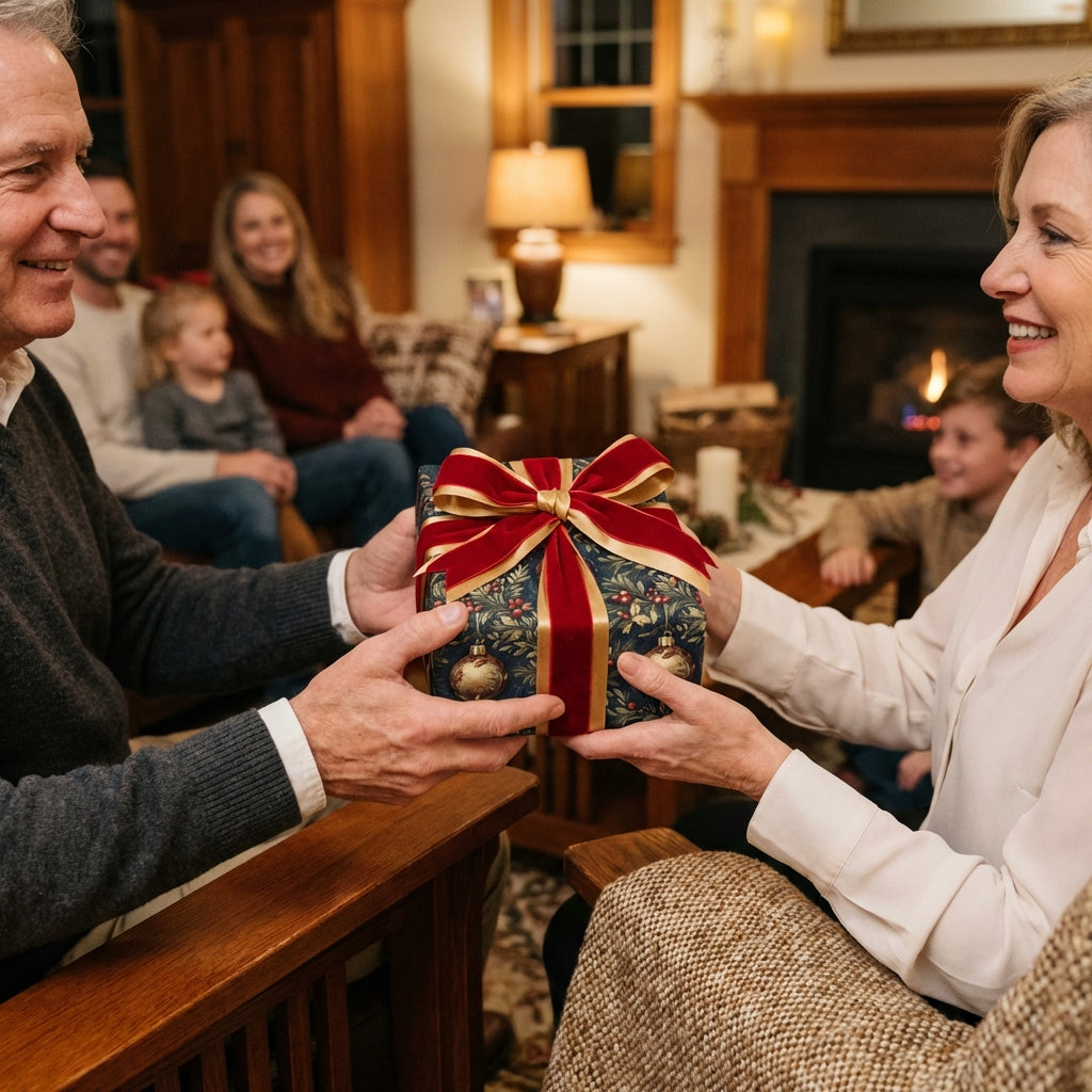 Woman receiving Christmas gift wrapped in ornate, elegant holiday gift wrap with red velvet ribbon.