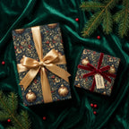 Wrapped Studios holiday gift wrap featuring gold ornament and berry design with gold ribbon.