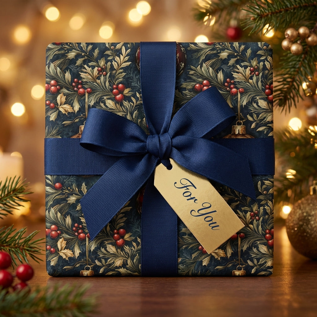 Elegant Christmas gift wrapped in navy floral wrapping paper with a blue ribbon and "For You" tag.