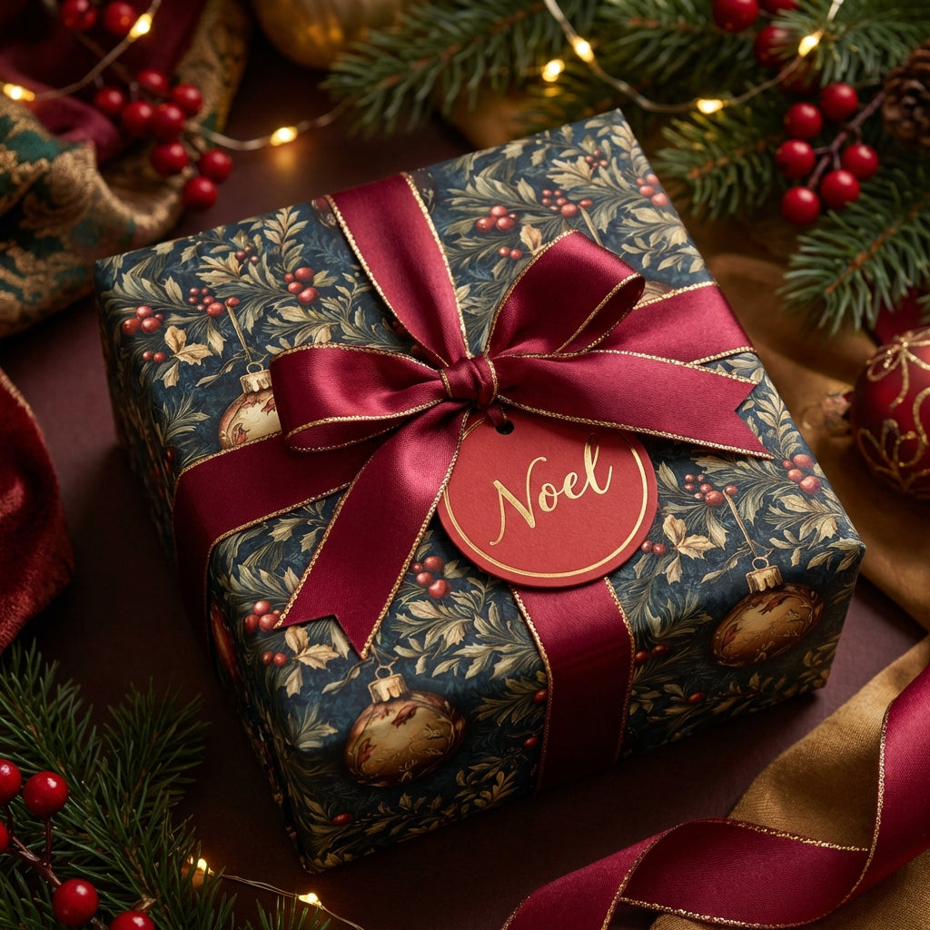 Elegant Christmas gift wrapped in floral wrapping paper with burgundy ribbon and a "Noel" tag.