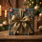 Elegant Christmas gift wrap with gold ribbon and ornament pattern.