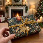 Elegant Christmas gift wrap with vintage floral pattern, gold ribbon, and "Joy" tag from Wrapped Studios.