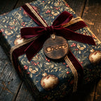 Elegant Christmas gift wrap featuring a dark floral pattern, velvet ribbon, and a "Cheers" tag.