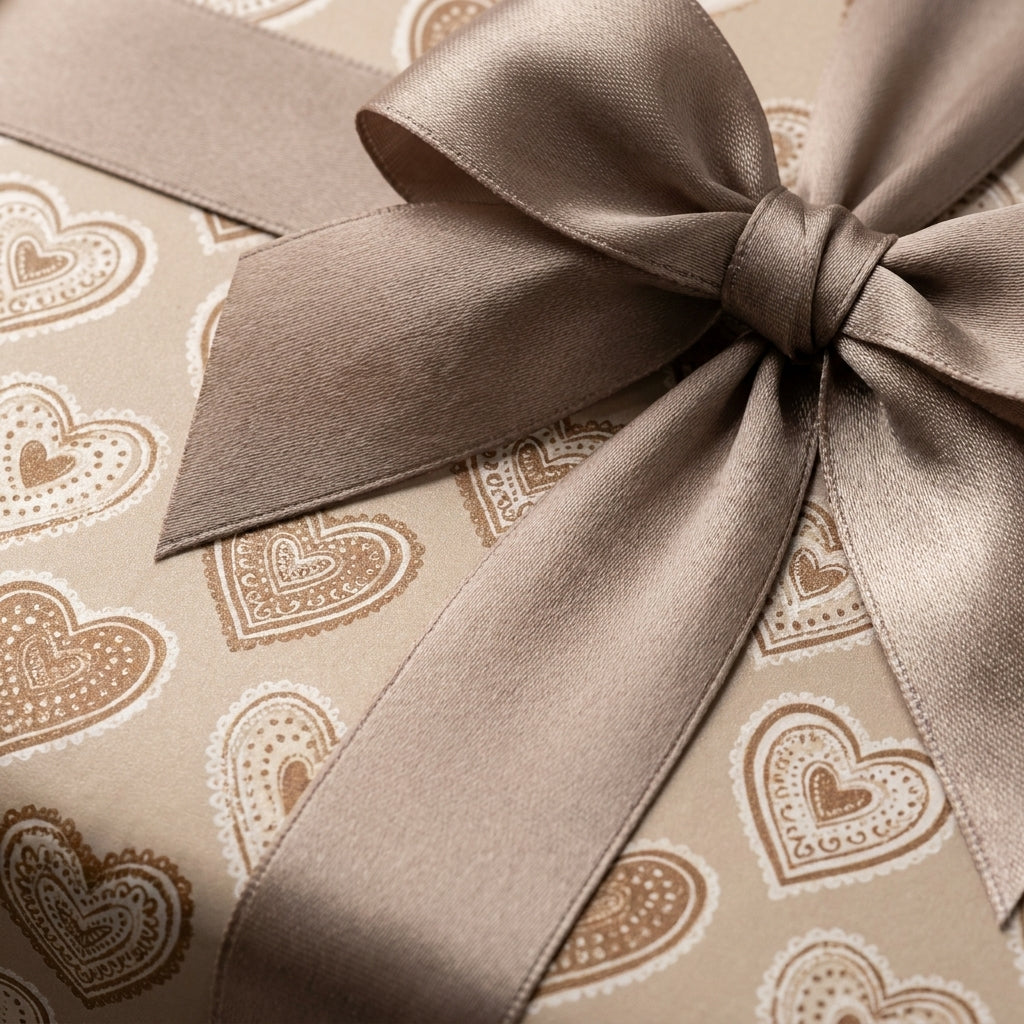 Luxury heart wrapping paper with a champagne satin bow by Wrapped Studios, perfect for Valentine's Day gifts.