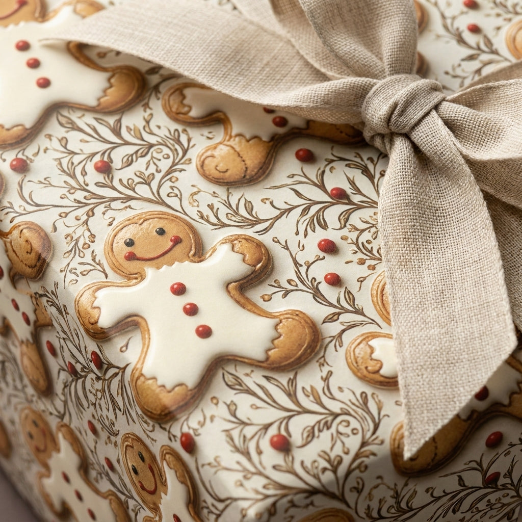 Vintage gingerbread man Christmas gift wrap with a rustic linen bow, from Wrapped Studios.