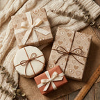 Rustic heart wrapping paper on cozy neutral gifts with cream ribbons by Wrapped Studios.