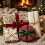 Cozy gingerbread Christmas wrapping paper with luxury velvet ribbons by a fireplace. Wrapped Studios.