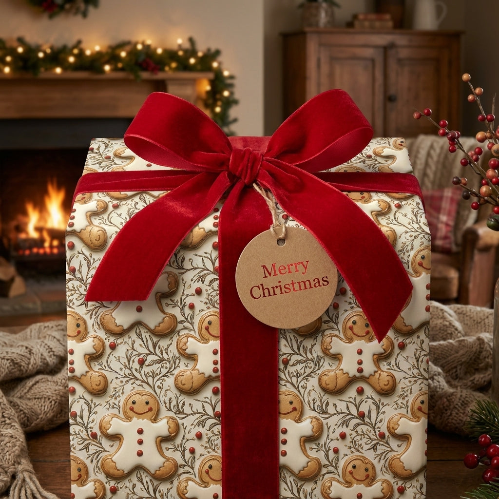 Gingerbread wrapping paper with a red velvet bow by Wrapped Studios. Festive Christmas gift wrap.