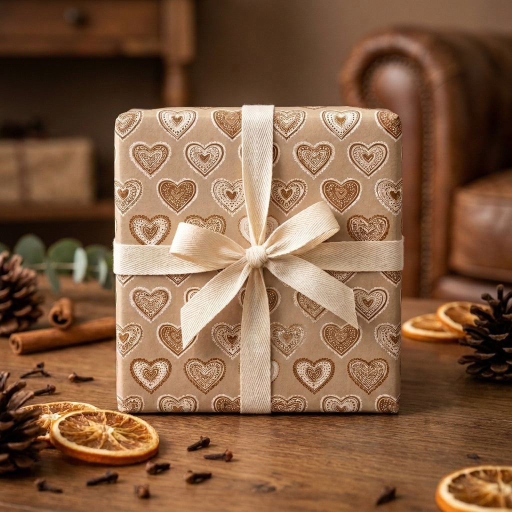 Rustic kraft heart wrapping paper with a cream ribbon bow by Wrapped Studios.