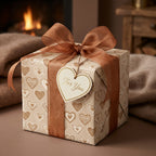 Elegant heart wrapping paper by Wrapped Studios on a gift box with a bronze ribbon by a cozy fireplace.