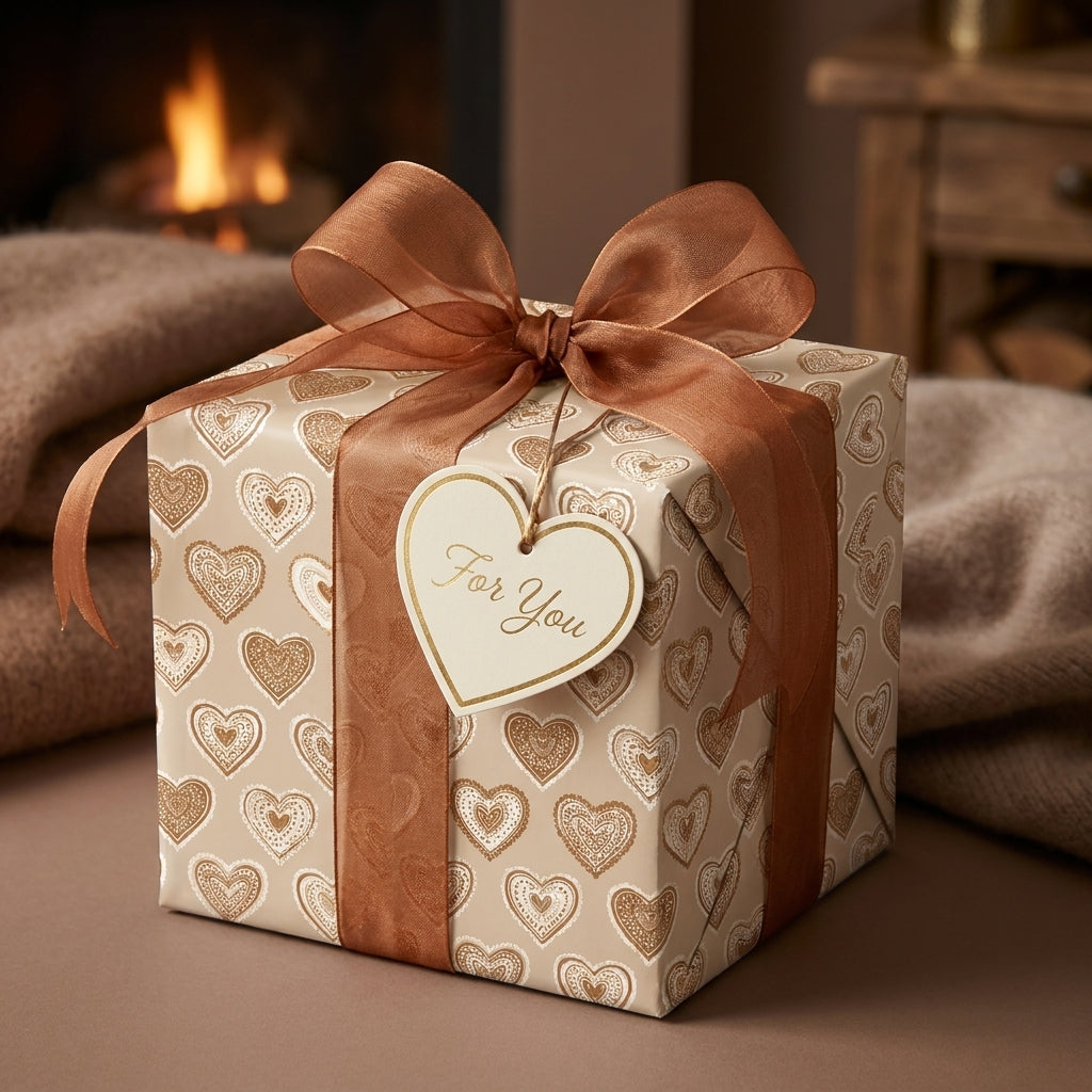 Elegant heart wrapping paper by Wrapped Studios on a gift box with a bronze ribbon by a cozy fireplace.