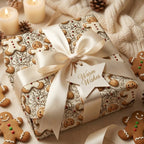 Gingerbread Christmas wrapping paper with a cream satin bow and star gift tag by Wrapped Studios.