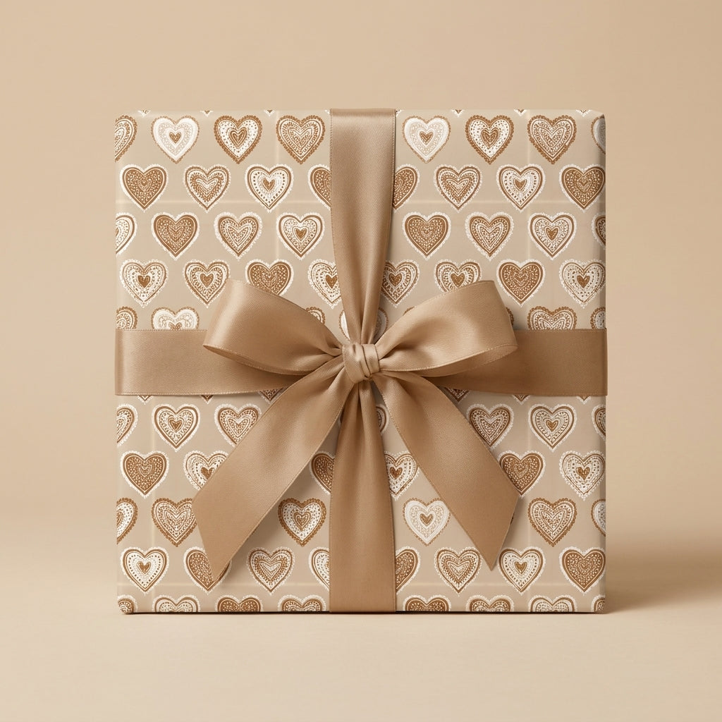 Boho beige heart wrapping paper with a gold satin bow, luxury wedding gift wrap by Wrapped Studios.