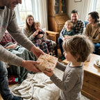 Child receiving a gift in rustic heart kraft wrapping paper with a raffia bow by Wrapped Studios.