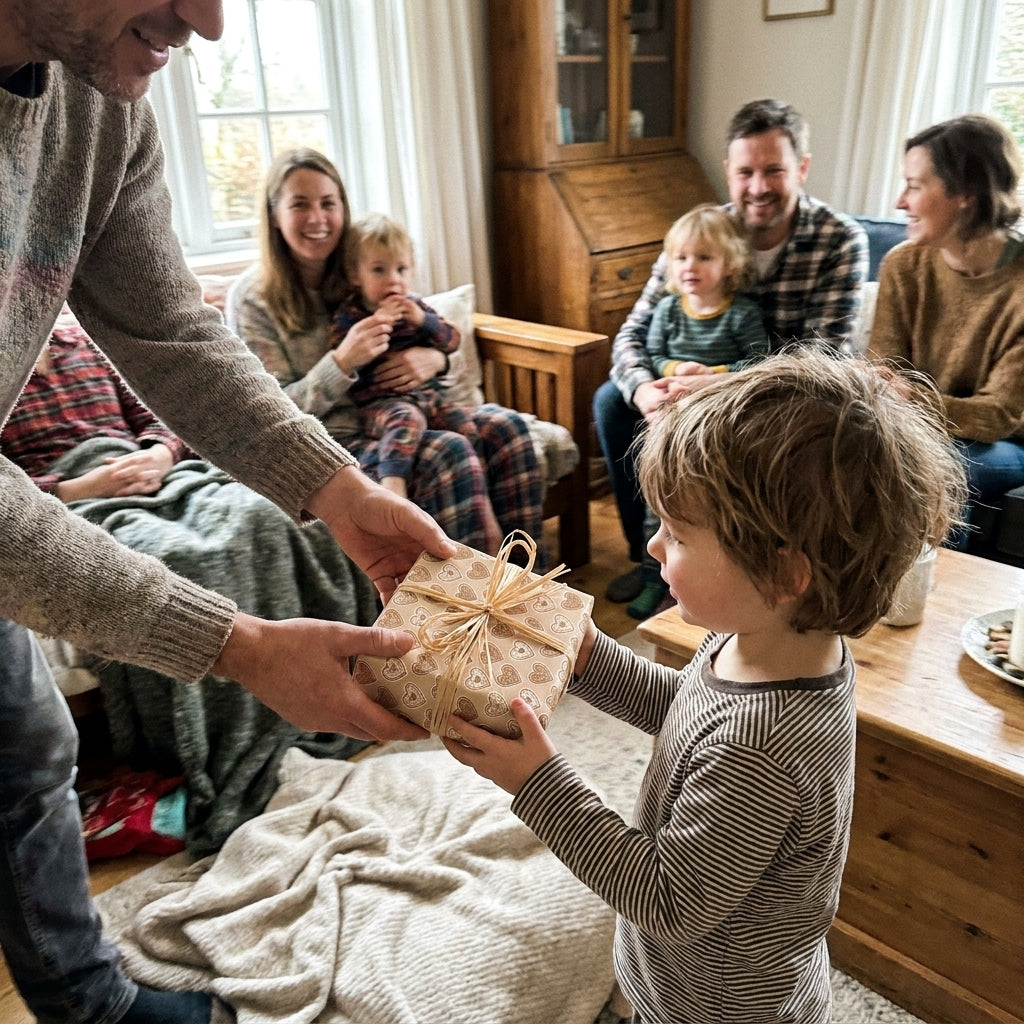 Child receiving a gift in rustic heart kraft wrapping paper with a raffia bow by Wrapped Studios.