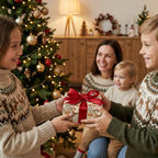 Kids exchanging a present in gingerbread Christmas wrapping paper with red bow by Wrapped Studios.