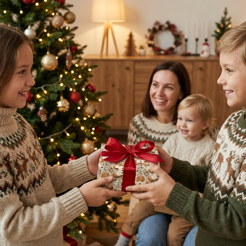 Kids exchanging a present in gingerbread Christmas wrapping paper with red bow by Wrapped Studios.