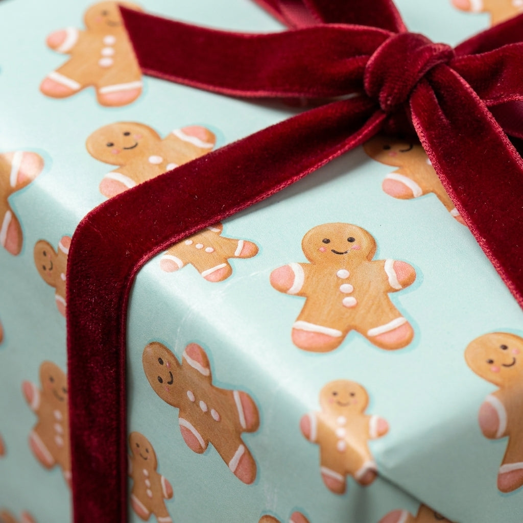 Gingerbread man Christmas gift wrap on light blue paper with red velvet ribbon by Wrapped Studios.