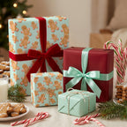 Gingerbread man Christmas wrapping paper with red velvet ribbon by Wrapped Studios.