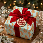 Gingerbread Christmas gift wrap by Wrapped Studios on a holiday present with a red velvet bow.