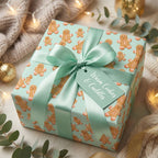 Cute gingerbread Christmas gift wrap in mint green with matching satin bow by Wrapped Studios.
