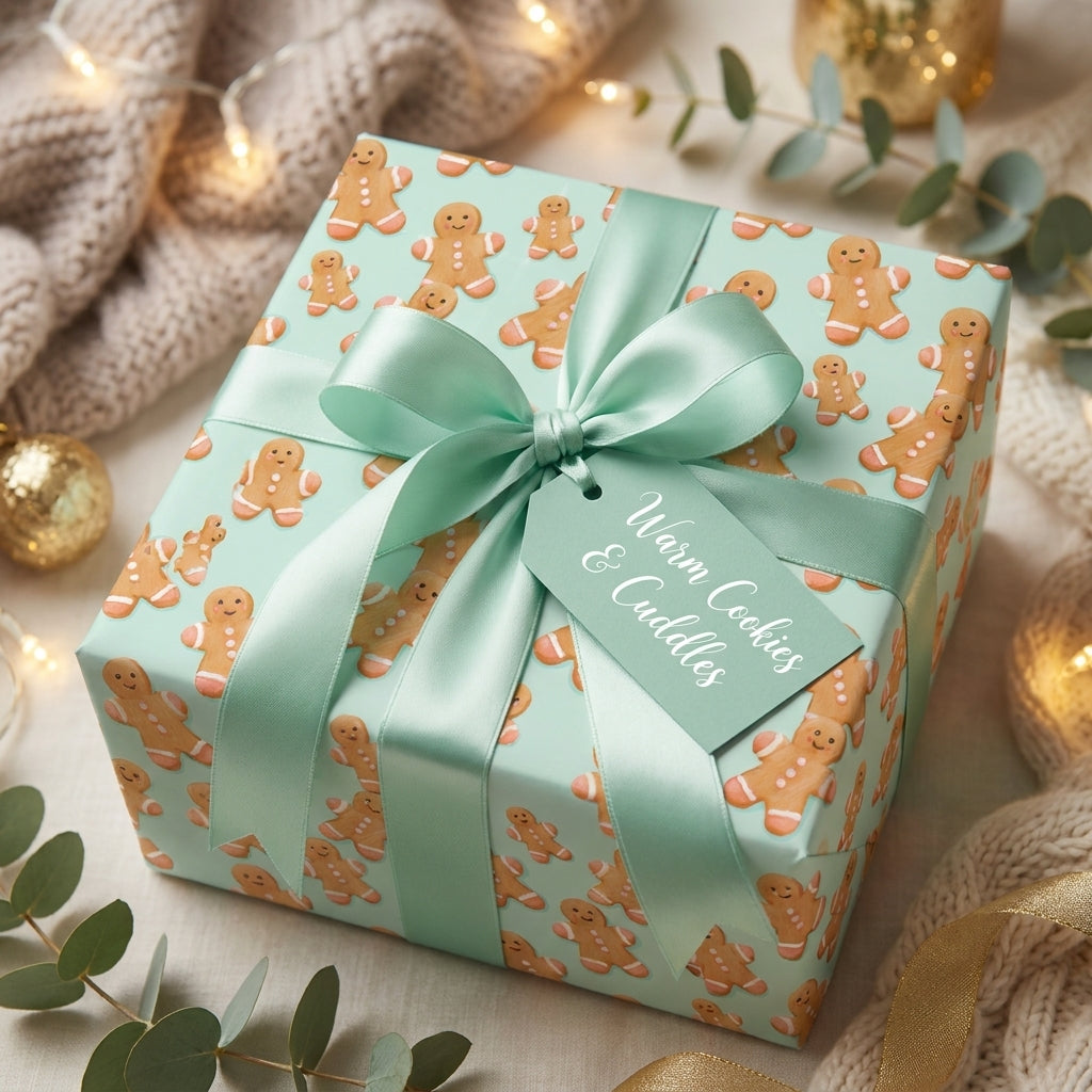 Cute gingerbread Christmas gift wrap in mint green with matching satin bow by Wrapped Studios.