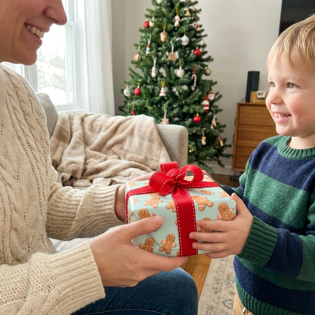 Boy receiving a gift in gingerbread man wrapping paper by Wrapped Studios near a Christmas tree.