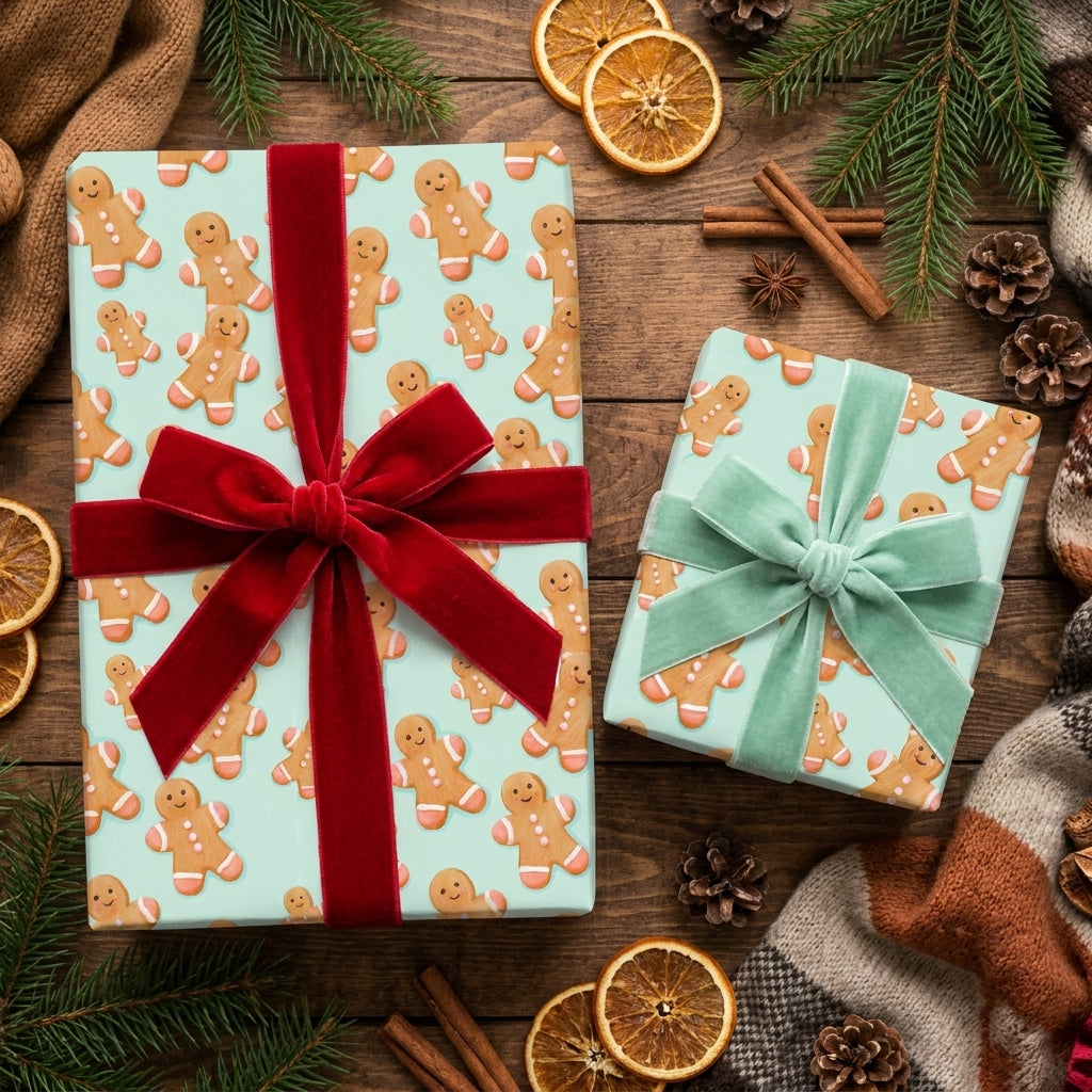 Gingerbread Christmas wrapping paper in mint with red and green velvet bows, by Wrapped Studios.