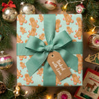 Gingerbread Christmas gift wrap with mint green ribbon and tag by Wrapped Studios.
