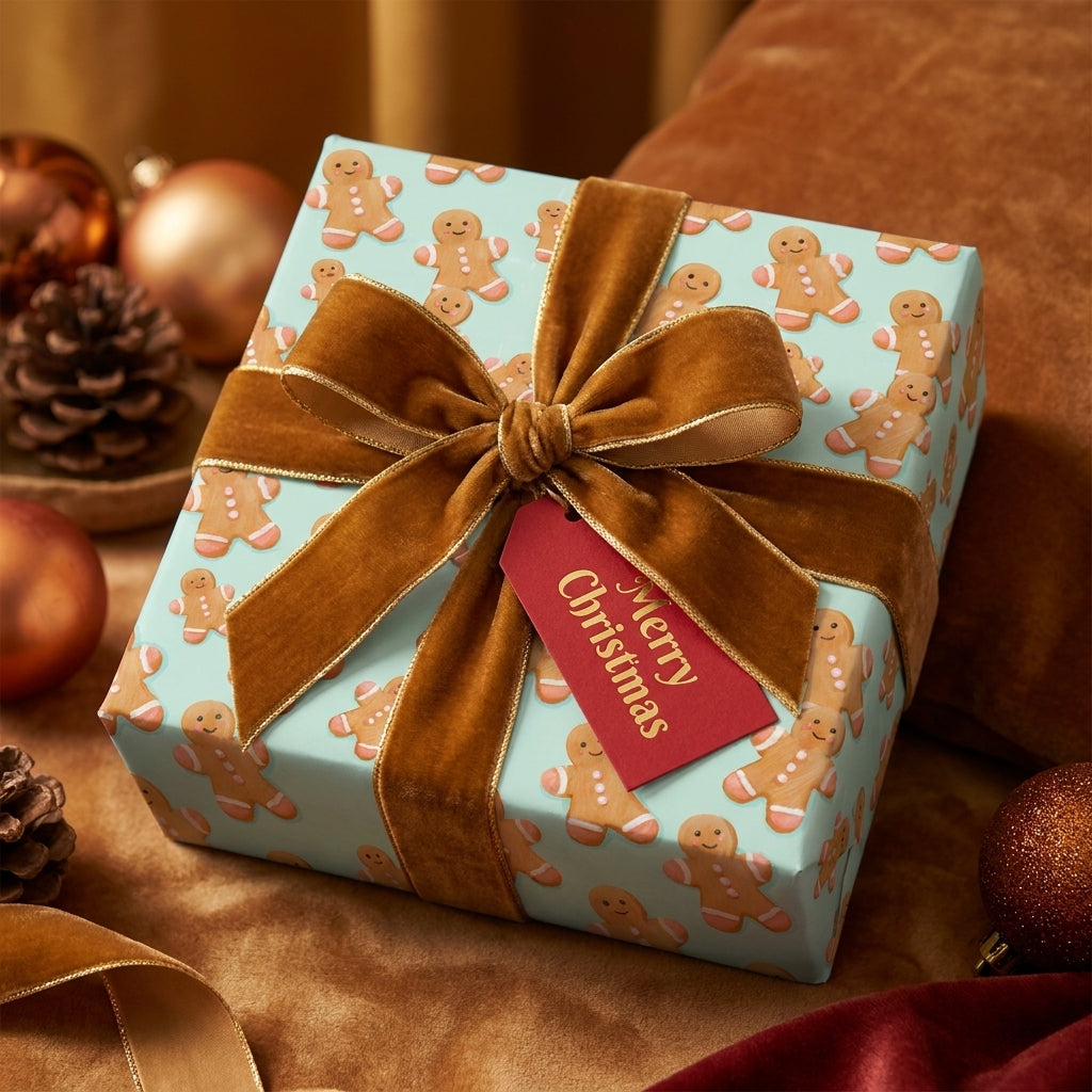 Gingerbread Christmas wrapping paper by Wrapped Studios, tied with a luxury brown velvet bow.