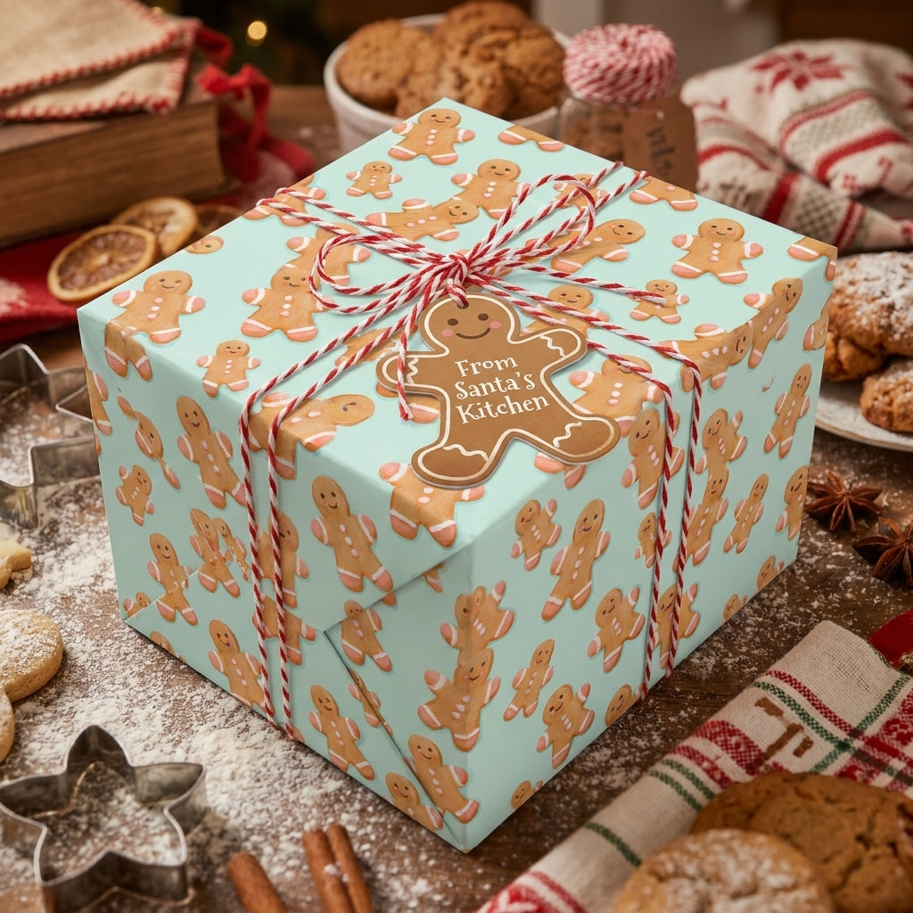 Mint gingerbread Christmas wrapping paper on a gift box with red twine by Wrapped Studios.