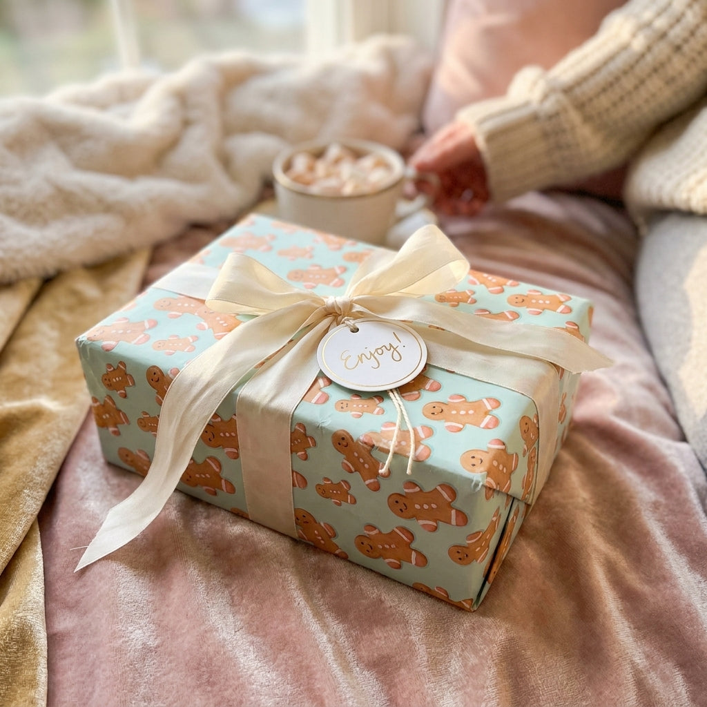 Gingerbread Christmas wrapping paper with cream ribbon in a cozy holiday setting by Wrapped Studios.