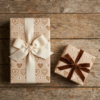 Heart wrapping paper on rustic gift boxes with cream and velvet bows by Wrapped Studios.