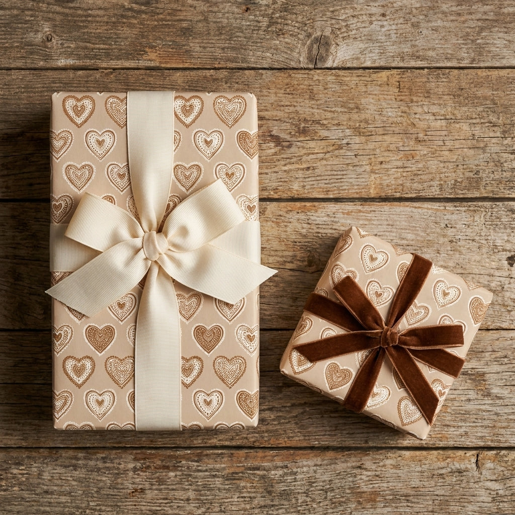 Heart wrapping paper on rustic gift boxes with cream and velvet bows by Wrapped Studios.