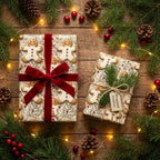 Gingerbread Christmas wrapping paper by Wrapped Studios on gifts with red velvet ribbon on a rustic pine background.